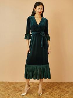 Yumi Velvet Wrap Midi Dress, Green - view 2, Green
