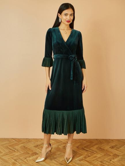 Yumi Velvet Wrap Midi Dress, Green - view 2, Green