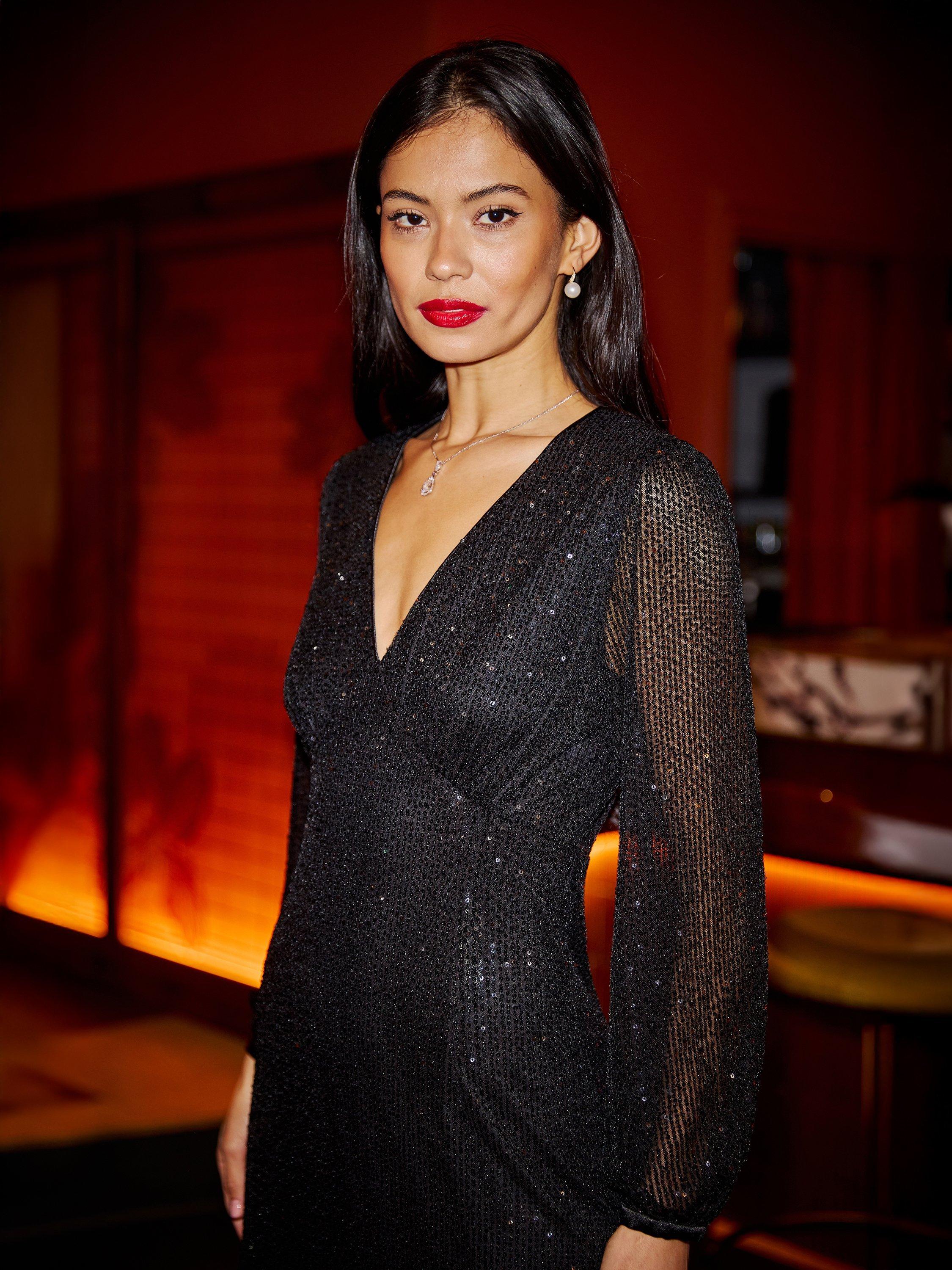 Product image 3 of 5, which shows Yumi Sequin Long Sleeve Midi Dress, Black, 8