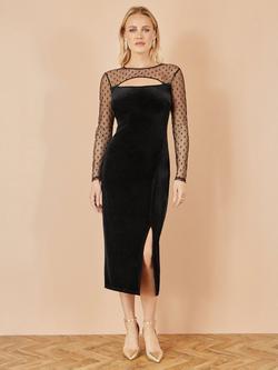 Yumi Velvet Sheer Sleeve Midi Dress, Black - view 2, Black