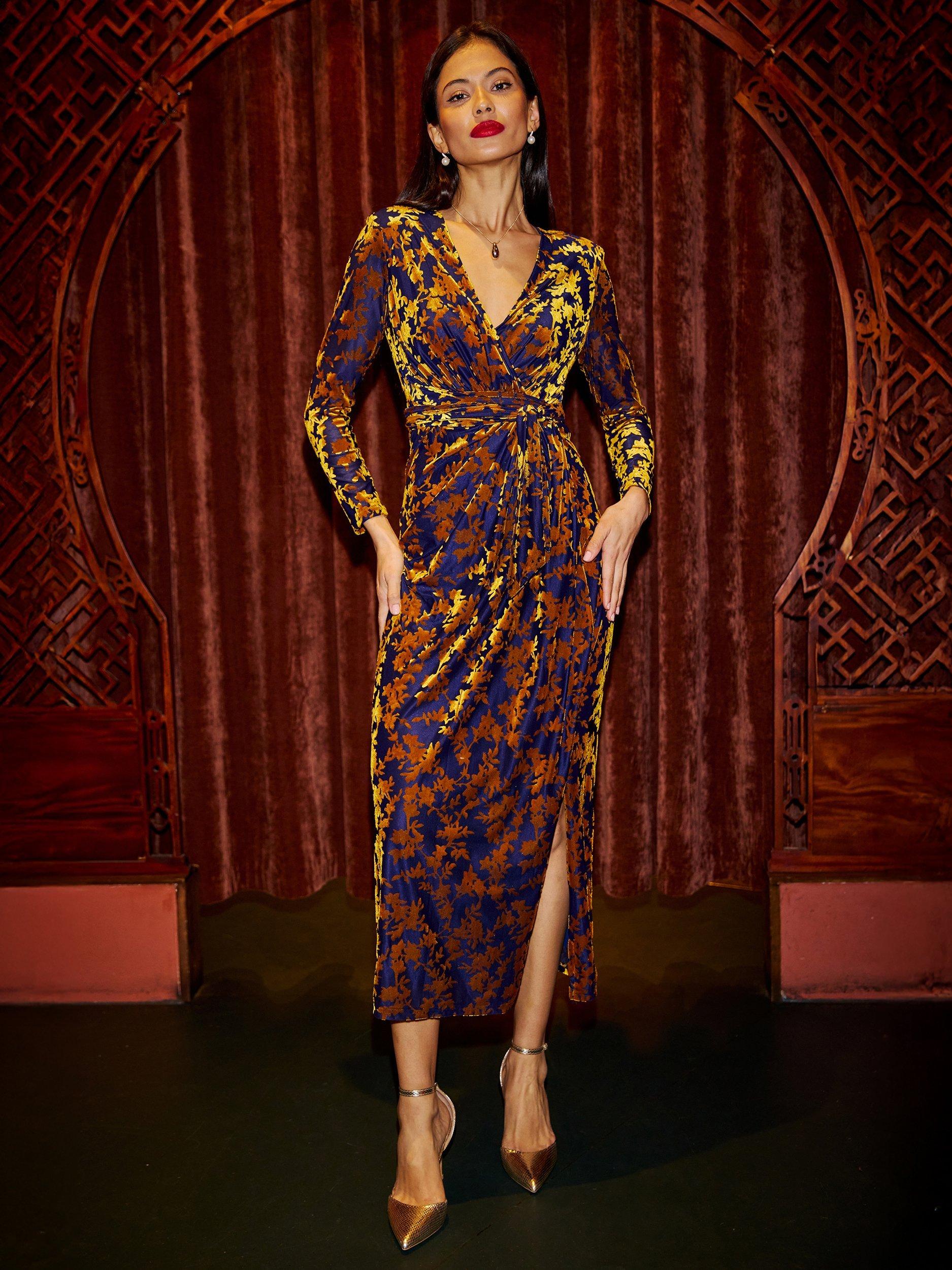 Product image 2 of 5, which shows Yumi Textured Velour Wrap Midi Dress, Gold, 8