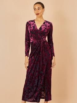 Yumi Textured Velour Wrap Midi Dress, Burgundy