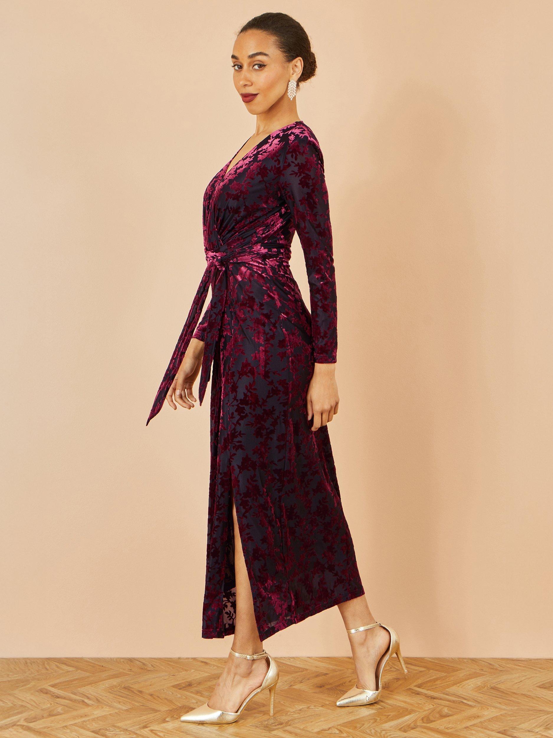Yumi Textured Velour Wrap Midi Dress, Burgundy