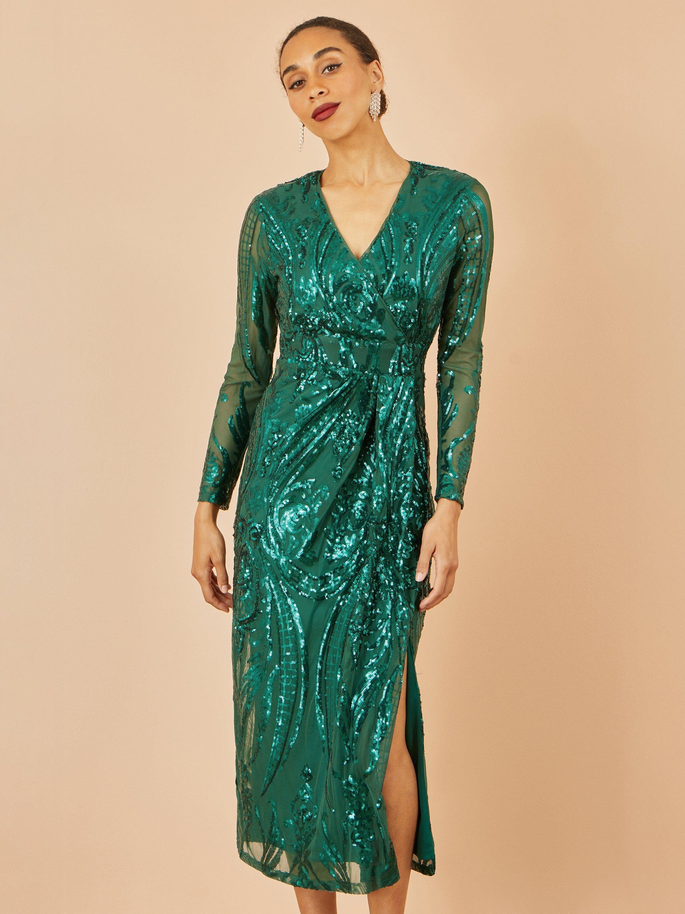 Product image 1 of 5, which shows Yumi Long Sleeve V-Neck Midi Dress, Green, 8