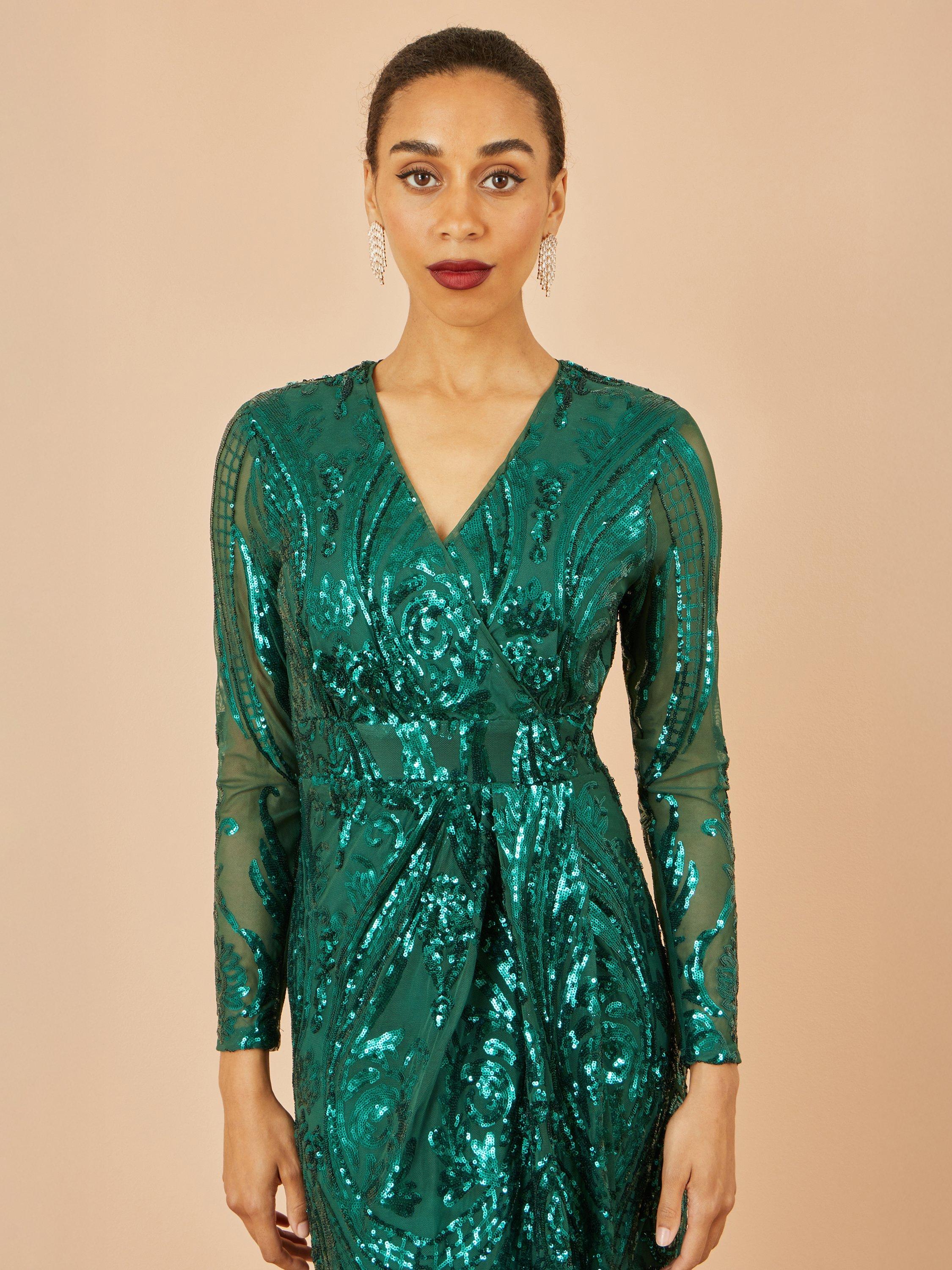 Product image 3 of 5, which shows Yumi Long Sleeve V-Neck Midi Dress, Green, 8