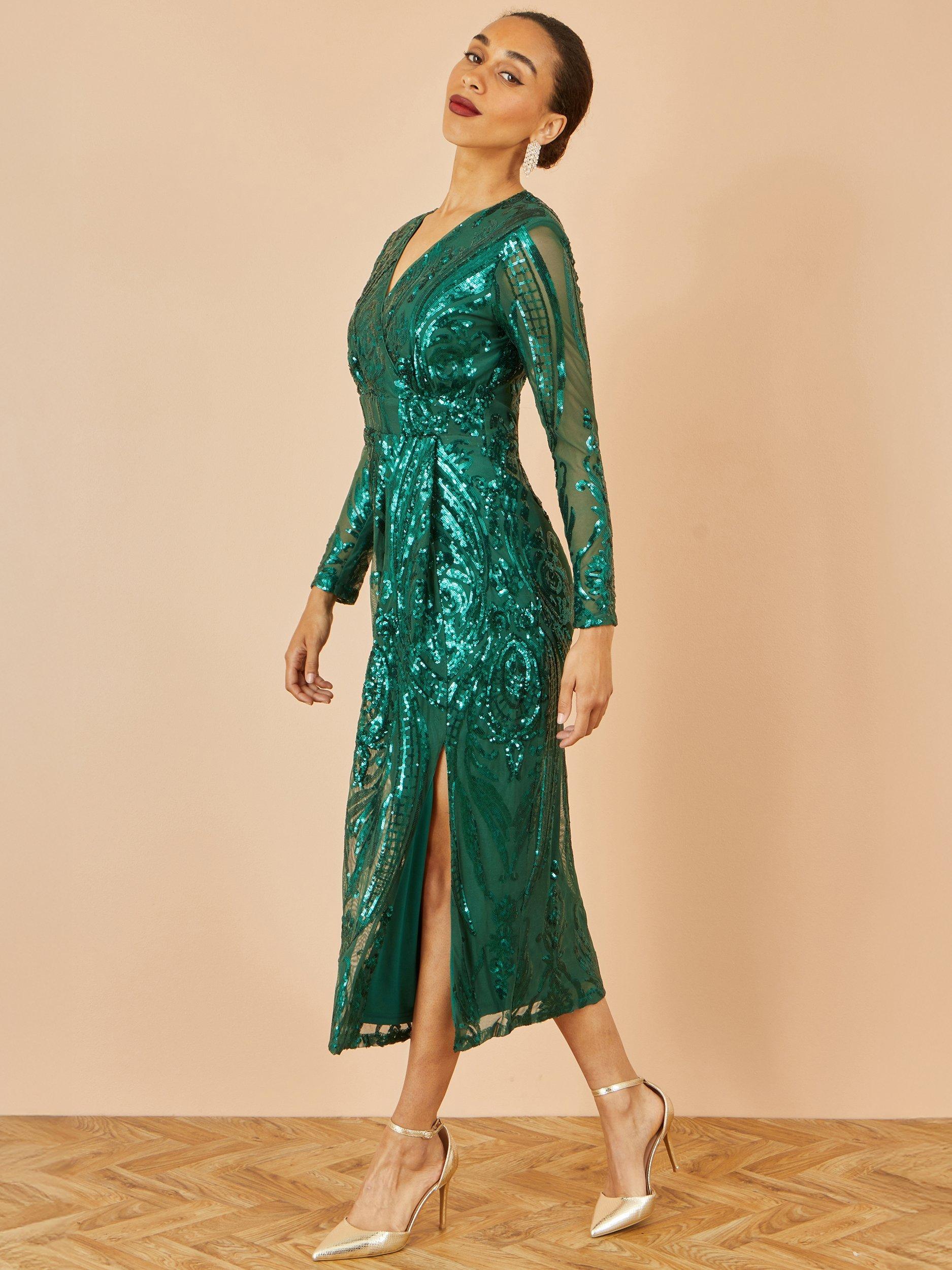 Product image 4 of 5, which shows Yumi Long Sleeve V-Neck Midi Dress, Green, 8