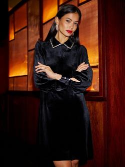Yumi Long Sleeve Velvet Tunic Dress, Black, Black