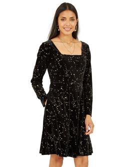 Yumi Flared Long Sleeve Knee Length Dress, Black
