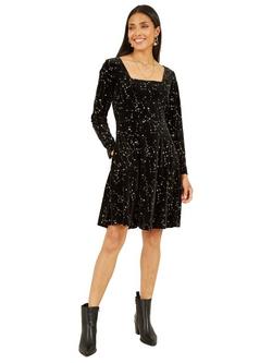 Yumi Flared Long Sleeve Knee Length Dress - view 2, Black