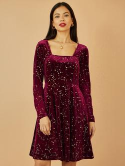 Yumi Star Foil Print Long Sleeve Skater Dress, Burgundy