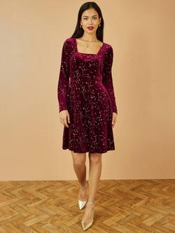Yumi Star Foil Print Long Sleeve Skater Dress - view 2, Burgundy