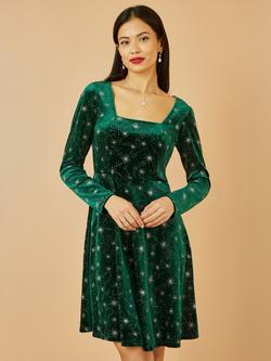 Yumi Starburst Foil Print Skater Dress, Green