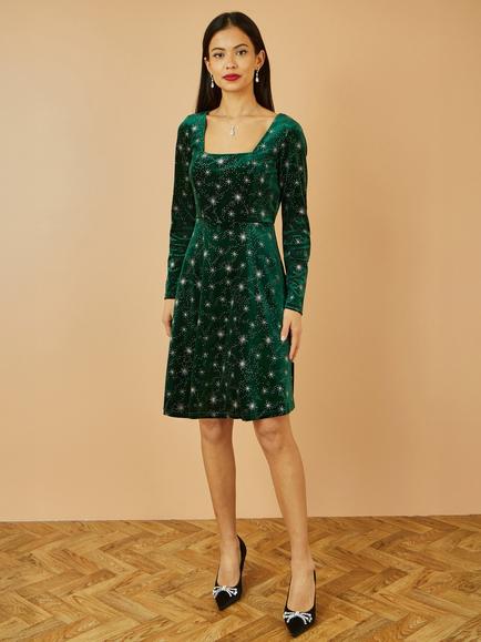 Yumi Starburst Foil Print Skater Dress - view 2, Green