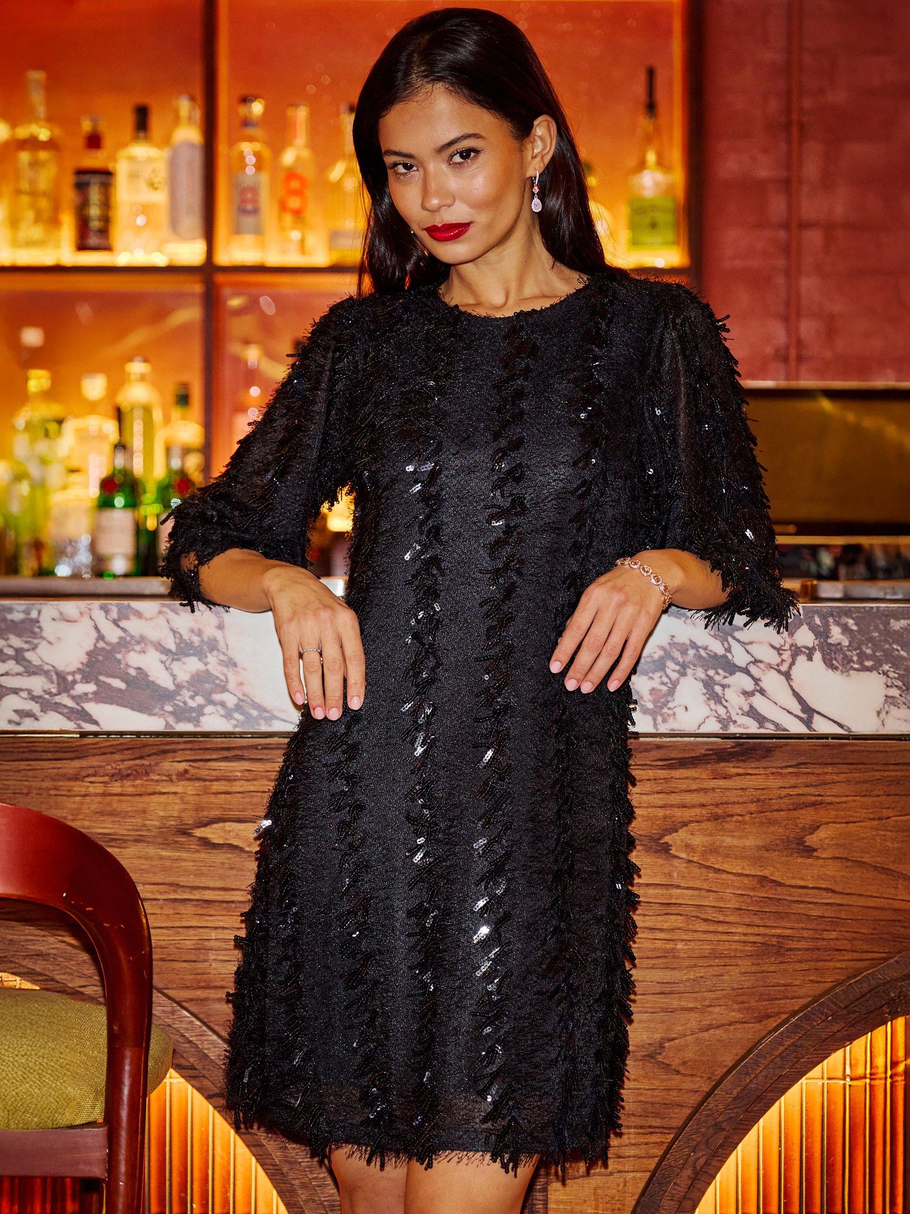 Product image 1 of 5, which shows Yumi Lined Knee Length Sequin Dress Tunic, Black, 8