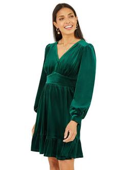 Yumi Velvet Long Sleeve Skater Dress, Green