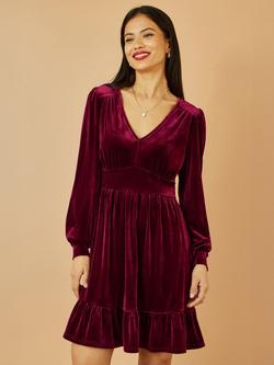 Yumi Velvet Long Sleeve Skater Dress, Burgundy