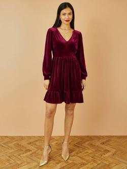 Yumi Velvet Long Sleeve Skater Dress - view 2, Burgundy