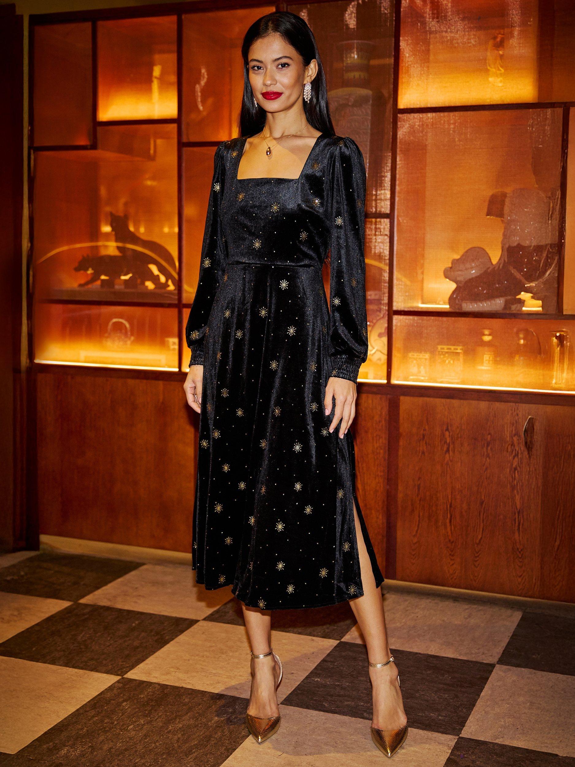 Product image 2 of 5, which shows Yumi Velvet Shimmer Flared Midi Dress, Black, 8