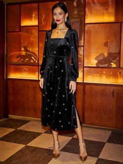 Yumi Velvet Shimmer Flared Midi Dress - view 2, Black