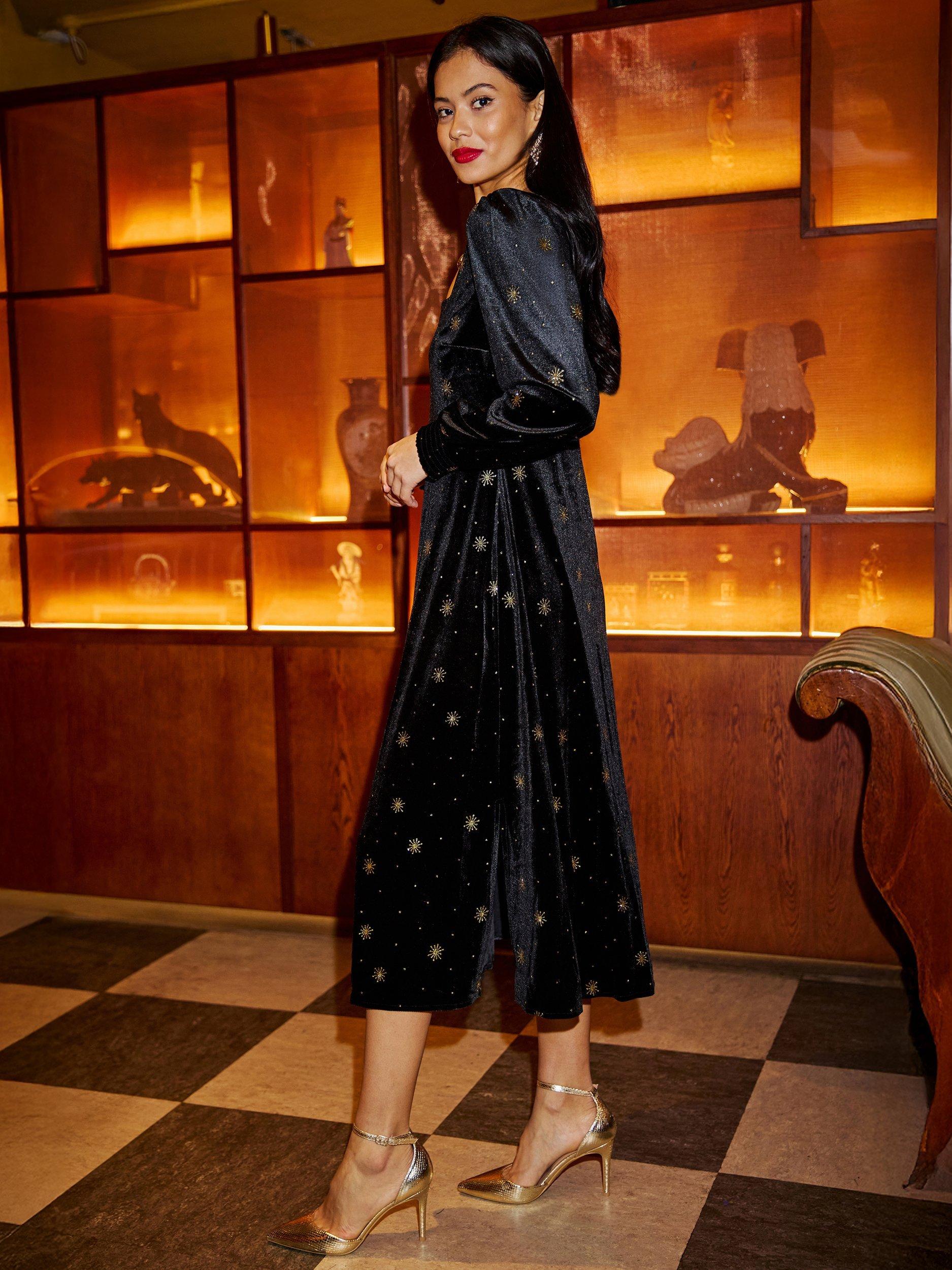 Product image 4 of 5, which shows Yumi Velvet Shimmer Flared Midi Dress, Black, 8