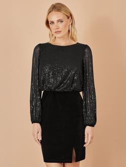 Yumi Shimmer Knee Length Long Sleeve Dress, Black