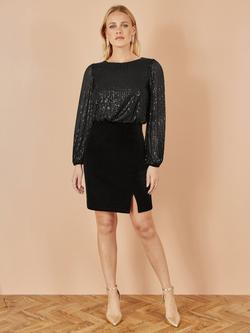 Yumi Shimmer Knee Length Long Sleeve Dress - view 2, Black