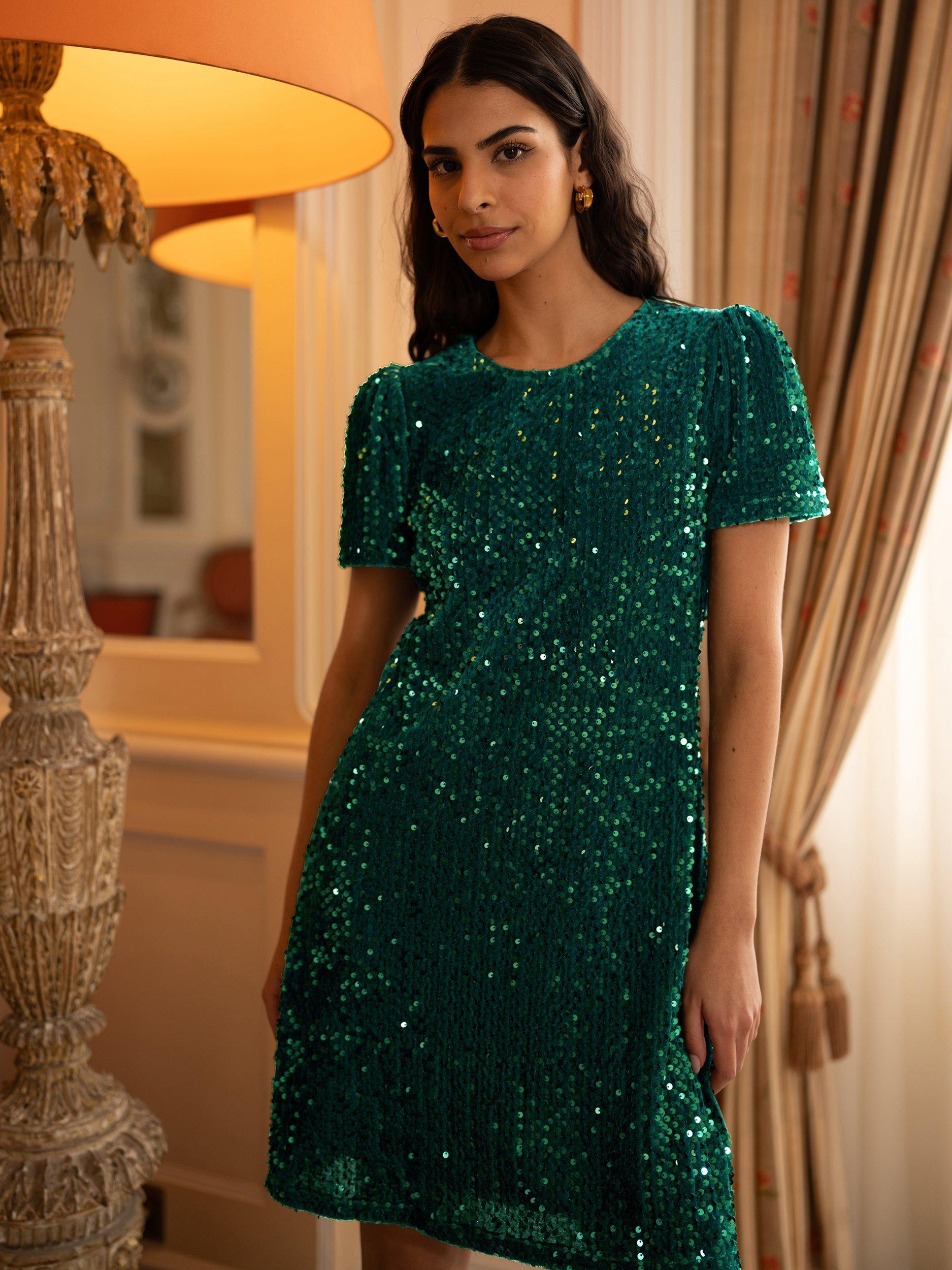 Product image 1 of 5, which shows Yumi  Short Sleeve Round Neck Mini Dress, Green, 8