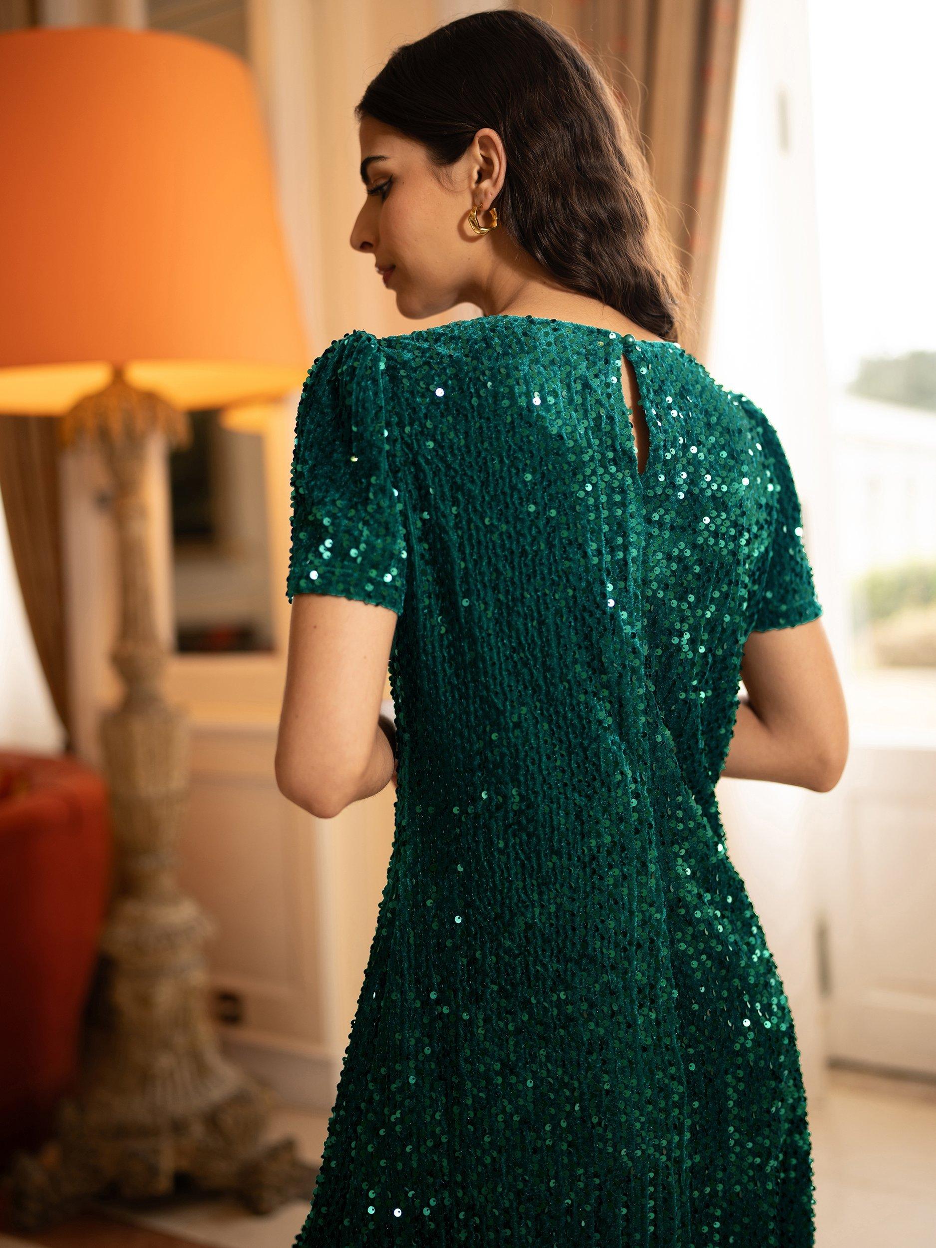 Product image 5 of 5, which shows Yumi  Short Sleeve Round Neck Mini Dress, Green, 8