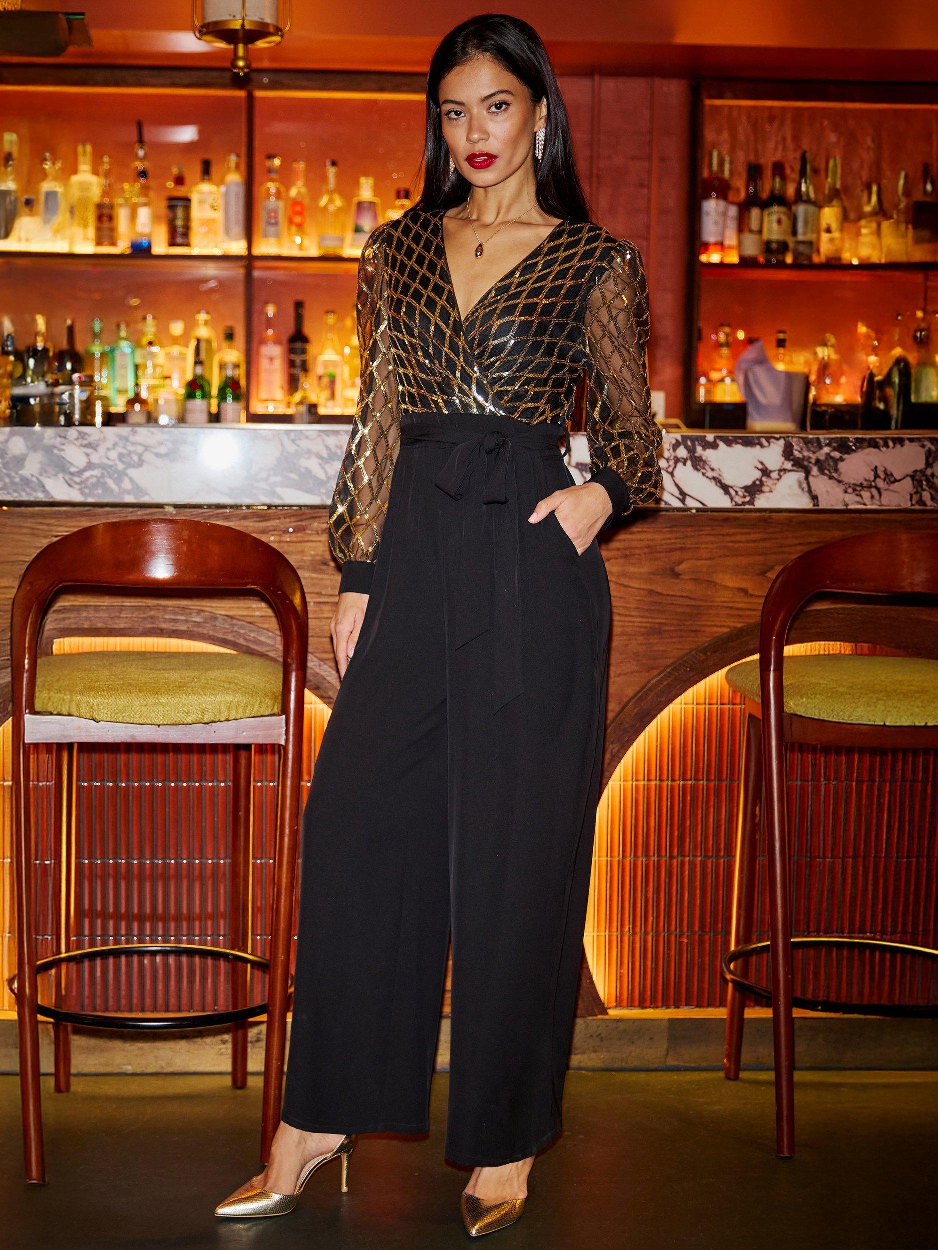Product image 2 of 5, which shows Yumi Sequin Wrap Over V-Neck Tailored Jumpsuit, Black, 8