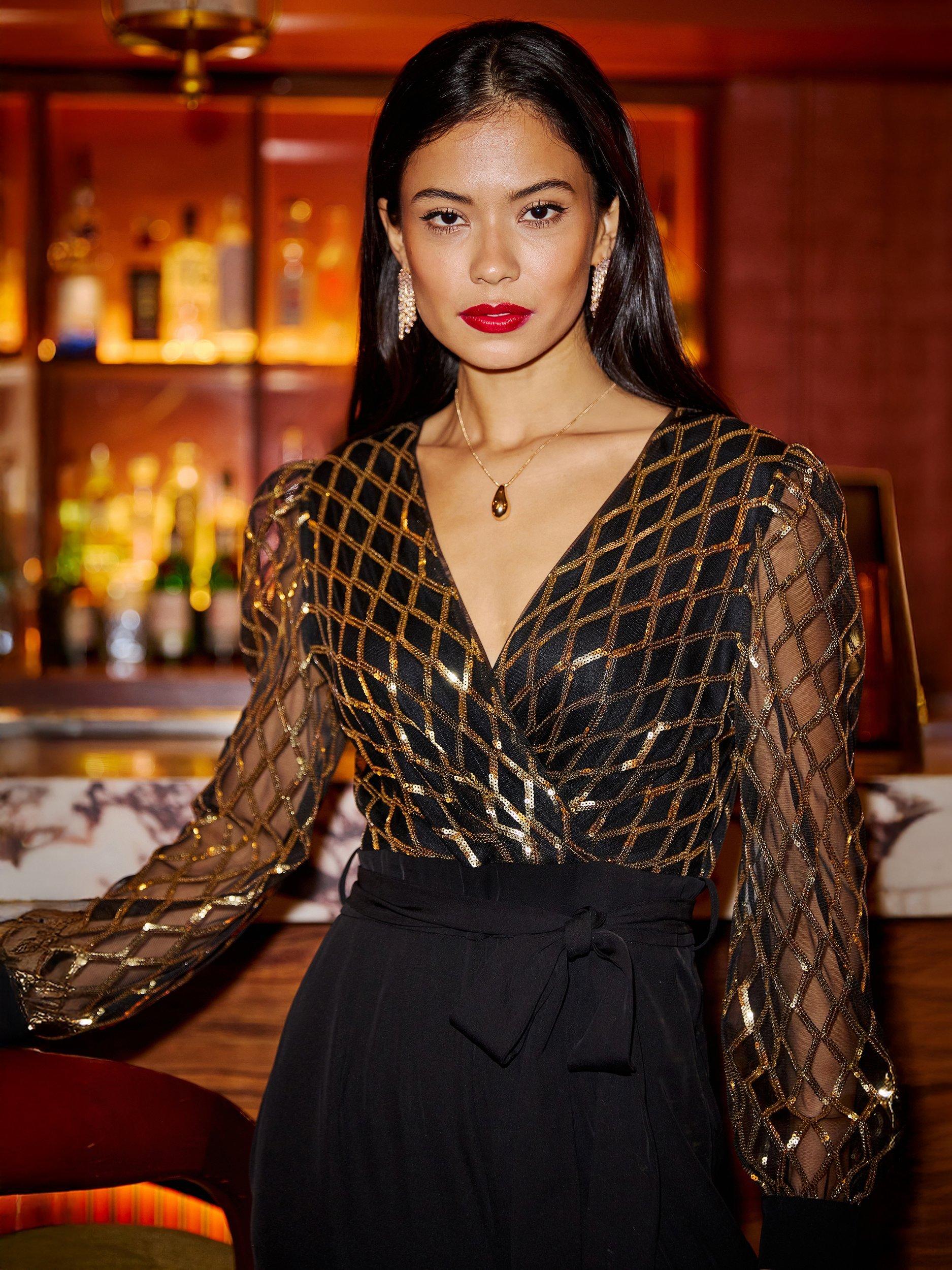 Product image 3 of 5, which shows Yumi Sequin Wrap Over V-Neck Tailored Jumpsuit, Black, 8