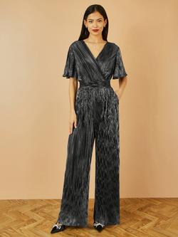 Yumi V-Neck Short Sleeve Pleated Embellished Jumpsuit, Black