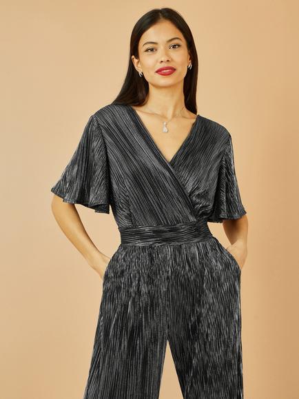 Yumi V-Neck Short Sleeve Pleated Embellished Jumpsuit - view 2, Black