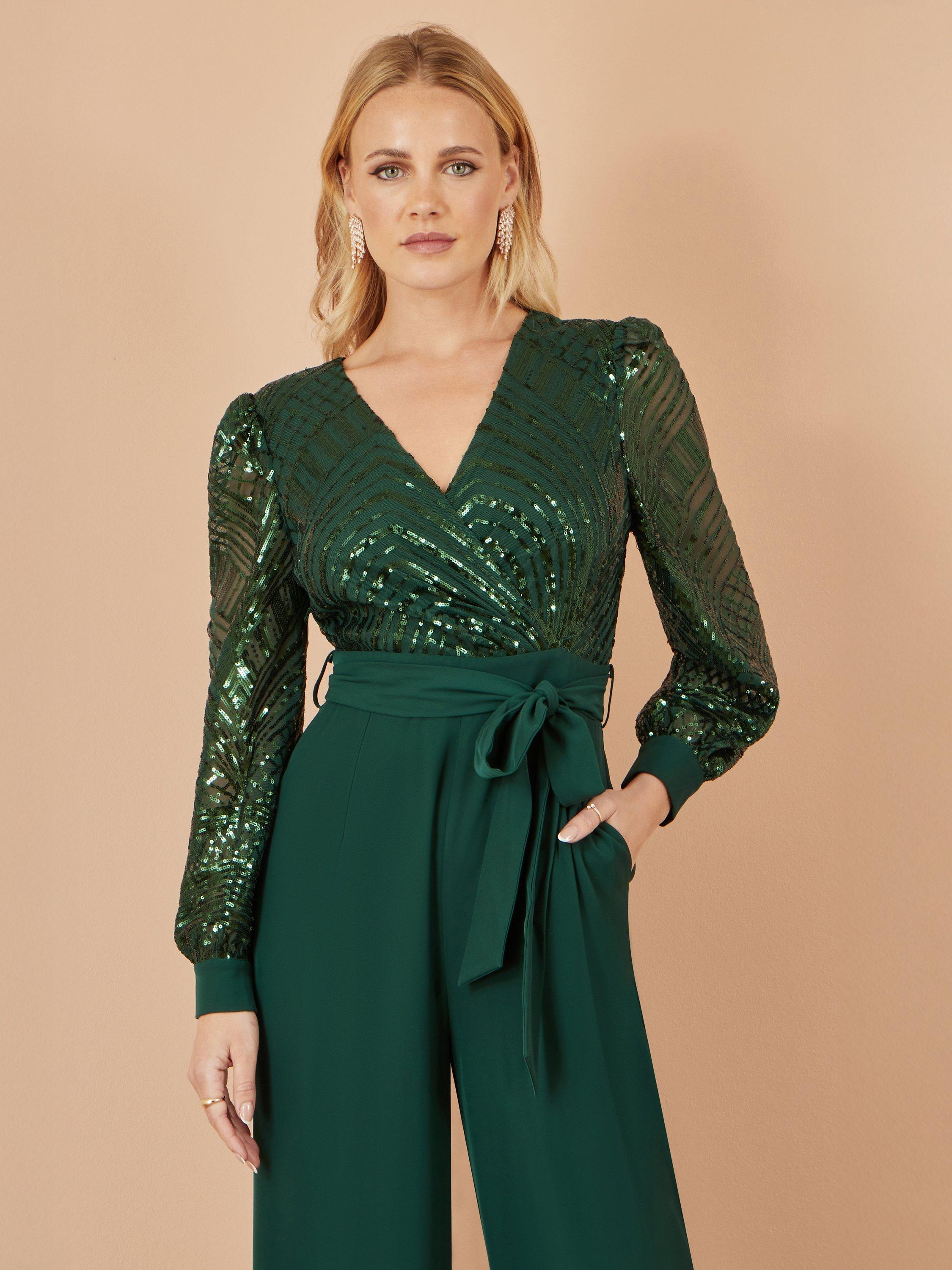 Product image 2 of 5, which shows Yumi Sequin Wrap Jumpsuit, Green, 8