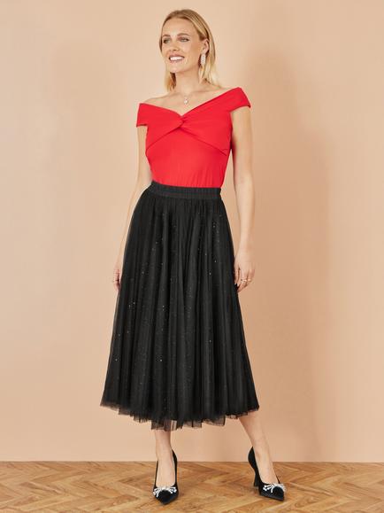 Yumi Sparkle Mesh Flared Tulle Skirt, Black