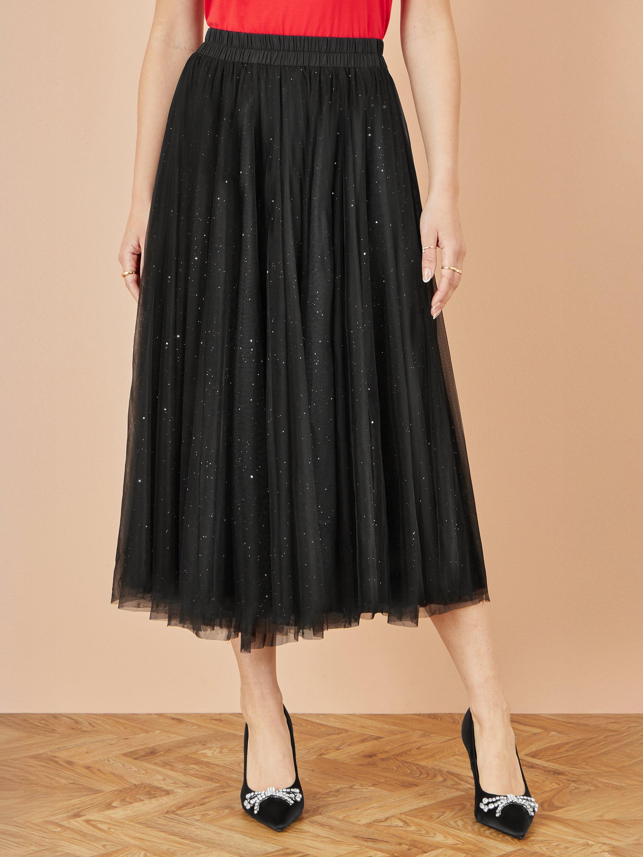 Product image 2 of 4, which shows Yumi Sparkle Mesh Flared Tulle Skirt , Black, 8