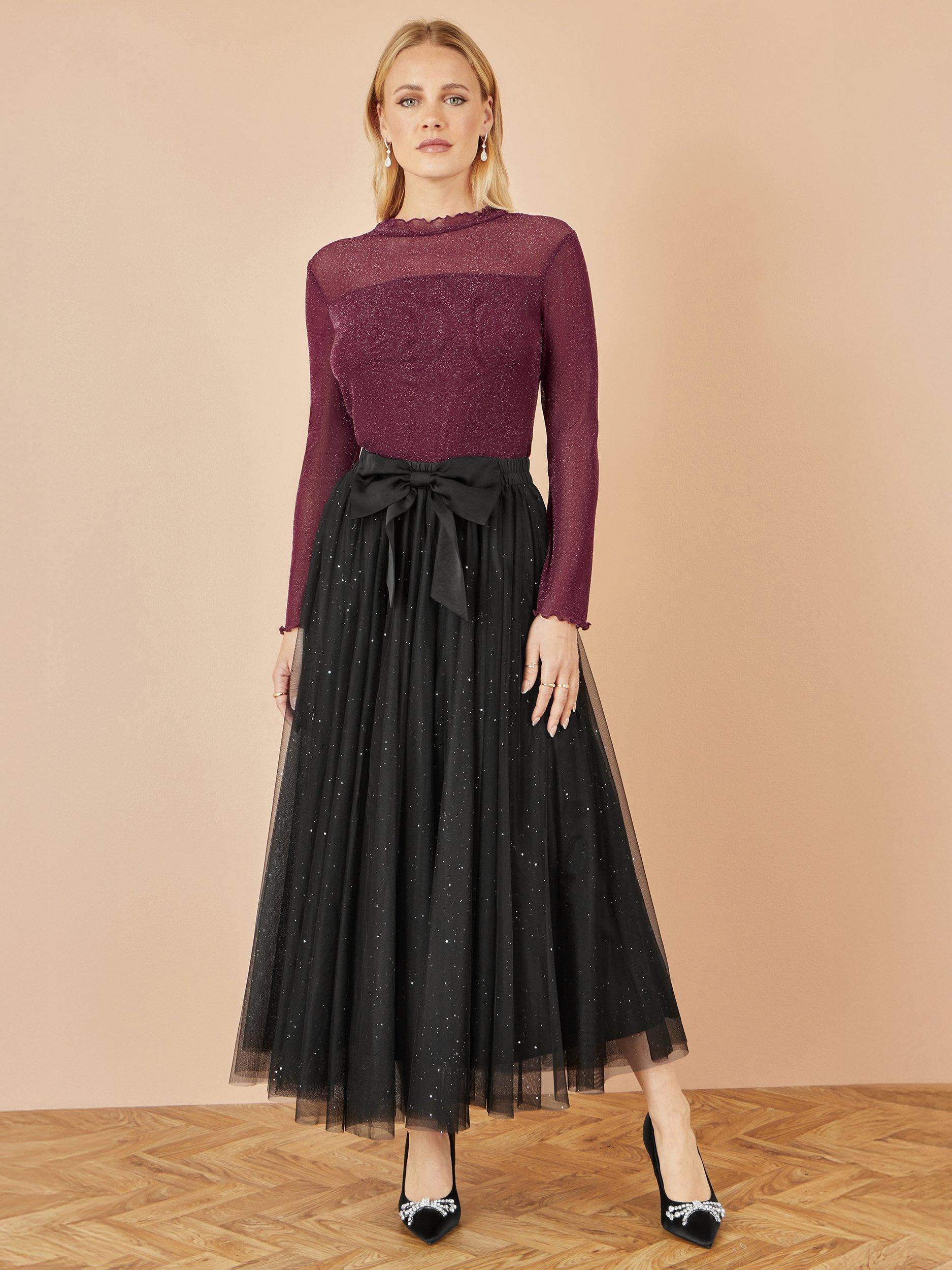 Product image 1 of 4, which shows Yumi Sparkle Mesh Midi Skirt, Black, 8