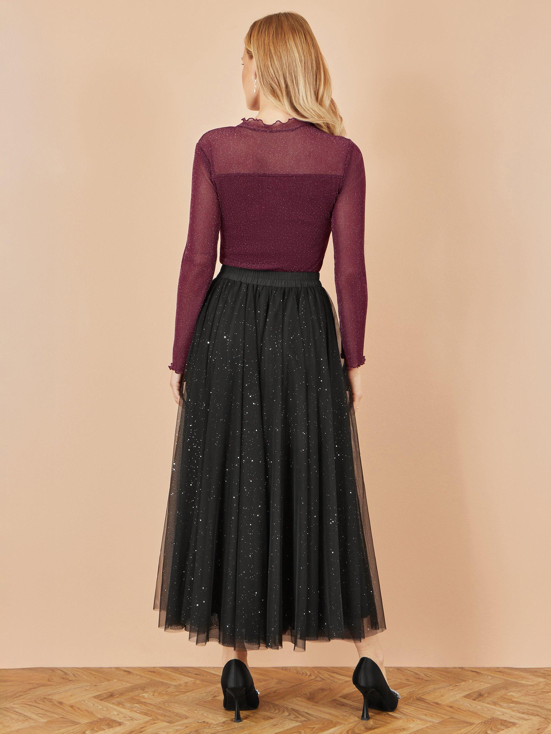 Product image 4 of 4, which shows Yumi Sparkle Mesh Midi Skirt, Black, 8
