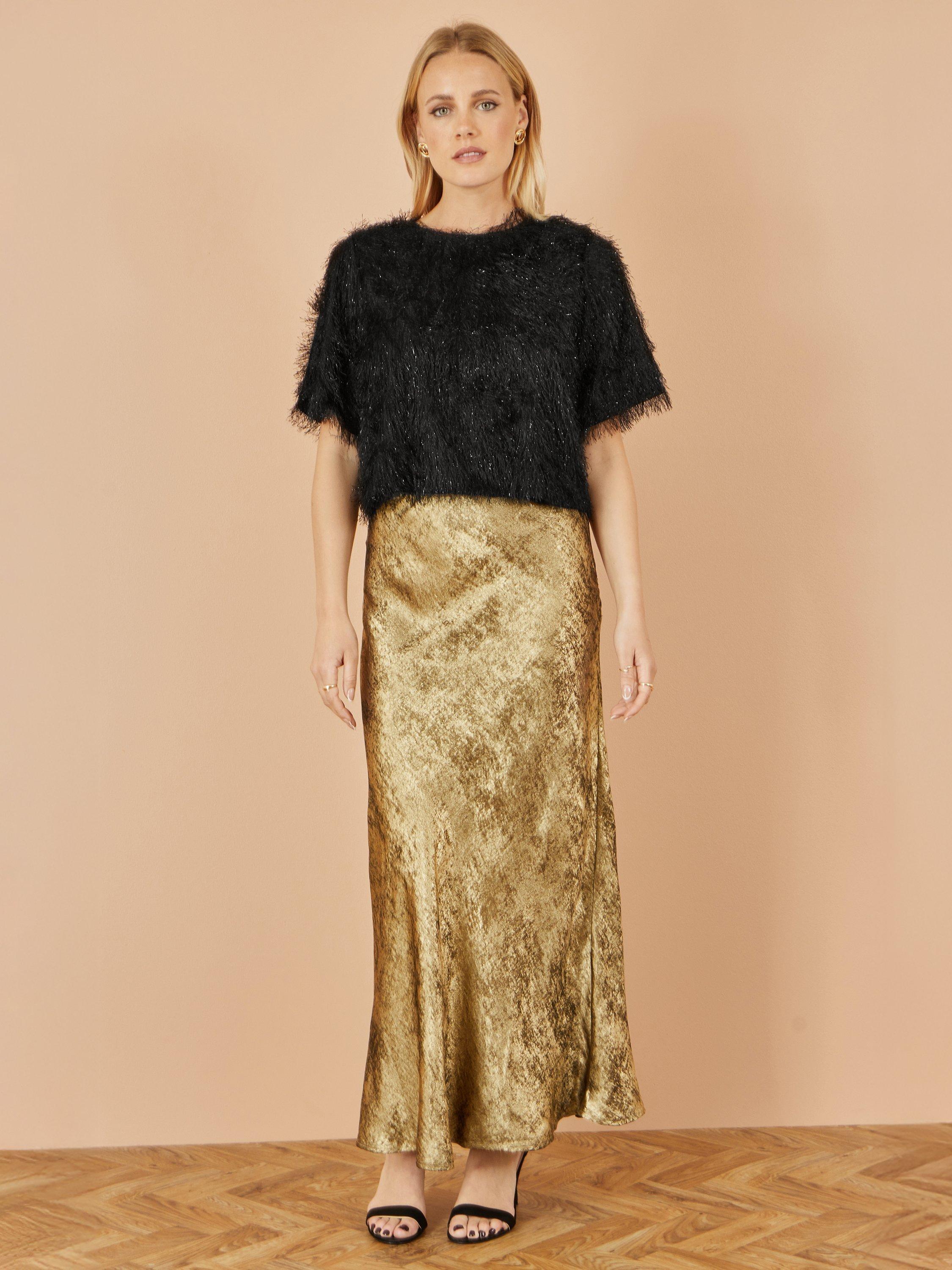 Product image 1 of 3, which shows Yumi Satin Midi Skirt, Gold, 8
