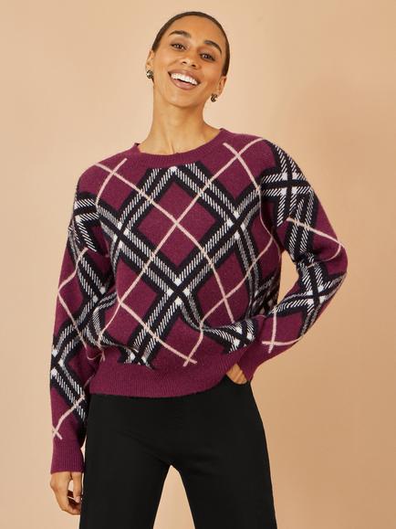 Yumi Argyle Check Round Neck Jumper, Burgundy