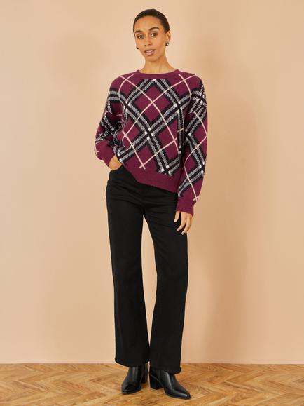 Yumi Argyle Check Round Neck Jumper - view 2, Burgundy