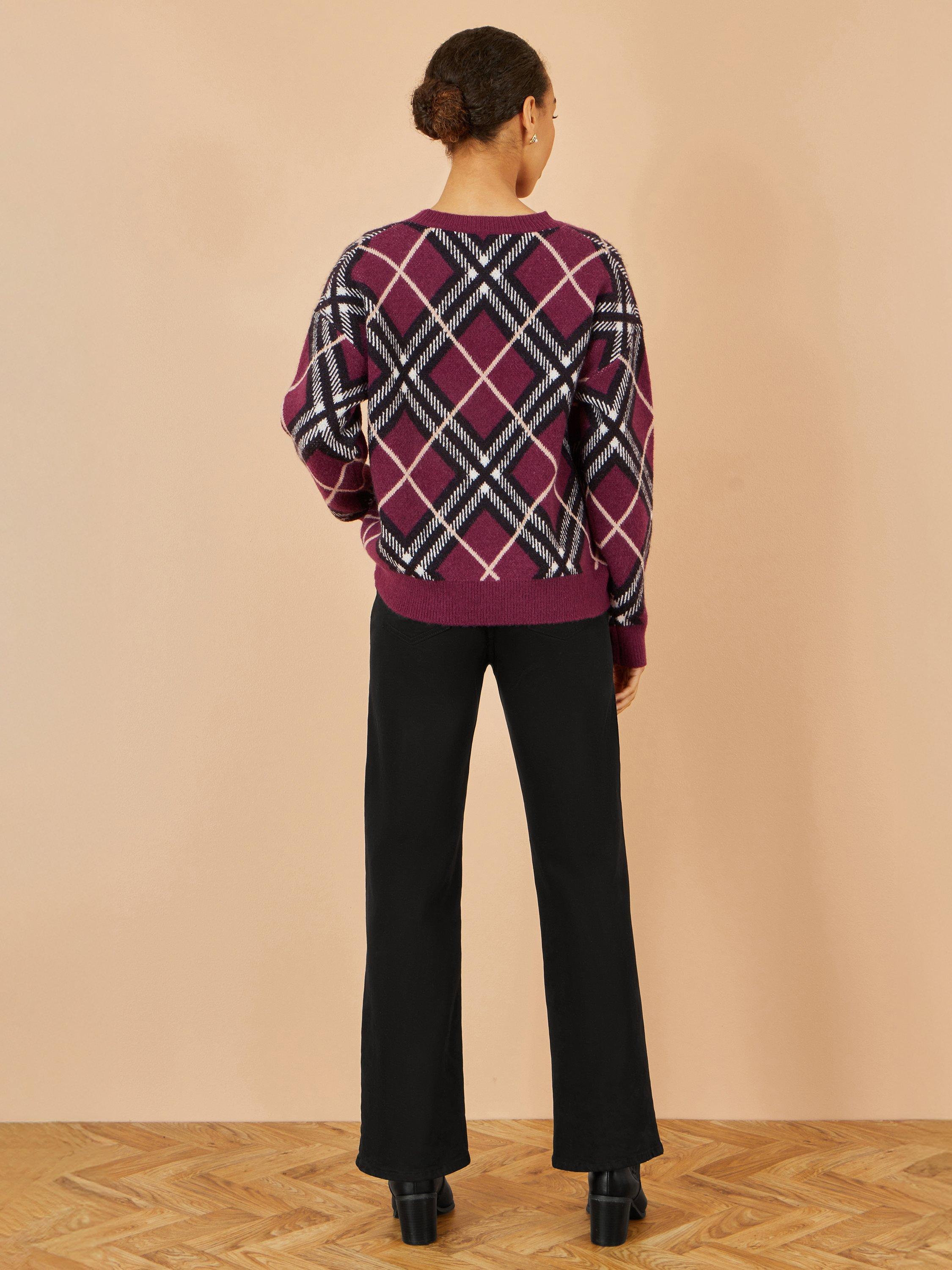 Product image 3 of 3, which shows Yumi Argyle Check Round Neck Jumper, Burgundy, S-M