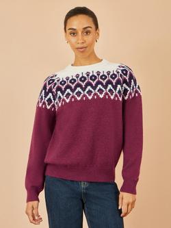 Yumi Fair Isle Relaxed Fit Round Neck Jumper, Burgundy