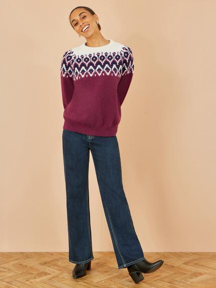 Yumi Fair Isle Relaxed Fit Round Neck Jumper - view 2, Burgundy