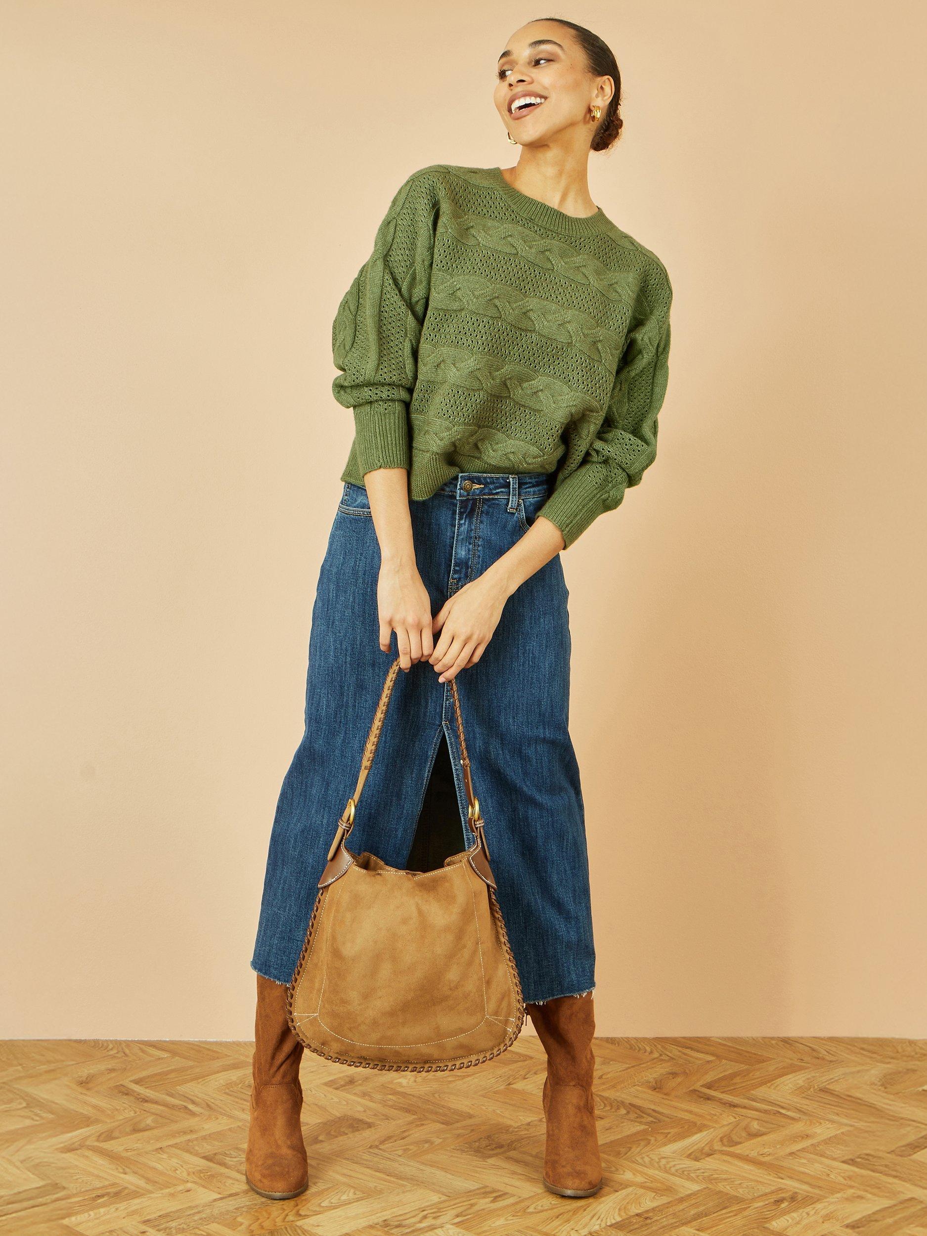 Product image 2 of 5, which shows Yumi Relaxed Fit Cable Knit Jumper, Green, S