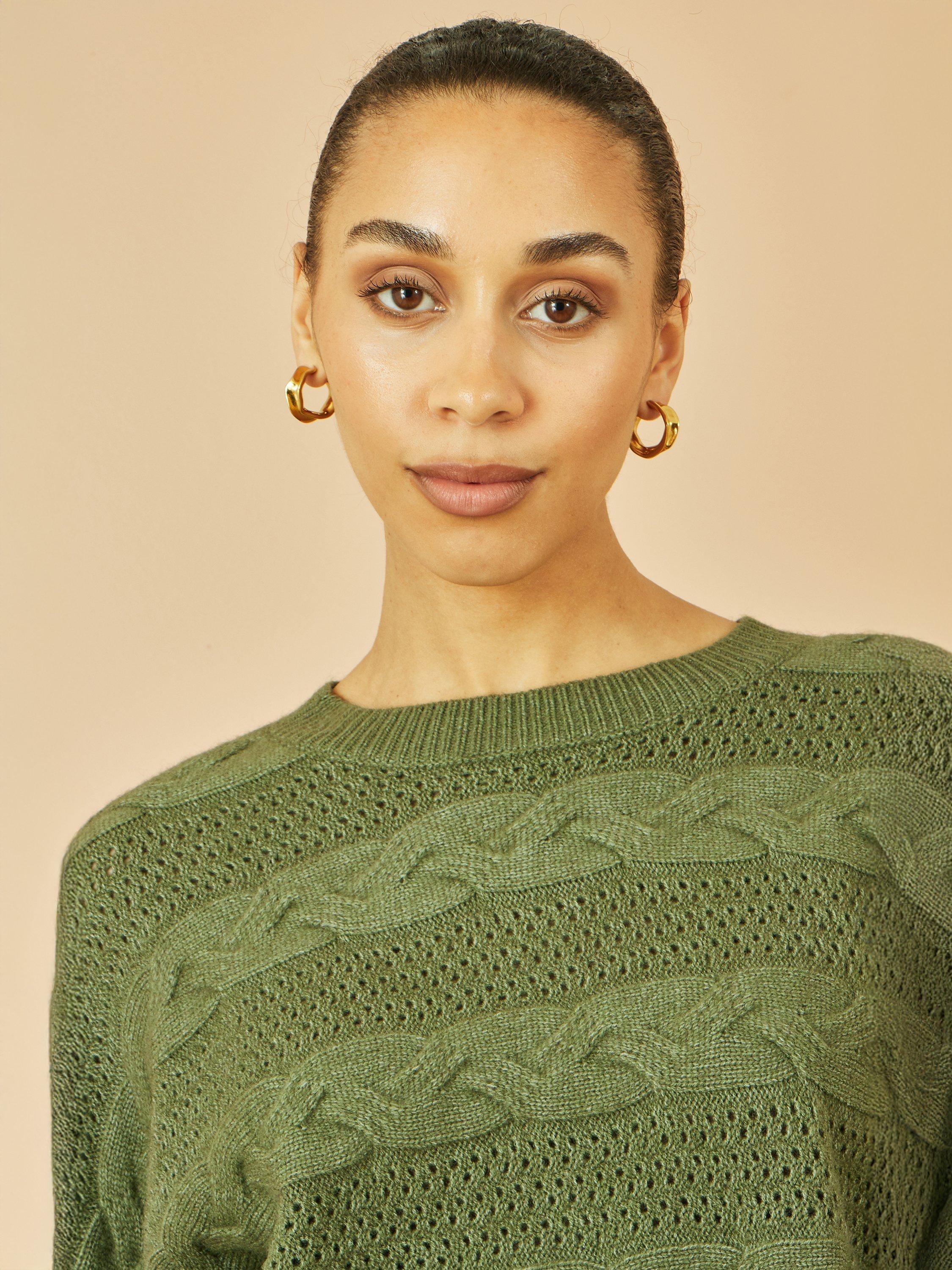 Product image 3 of 5, which shows Yumi Relaxed Fit Cable Knit Jumper, Green, S