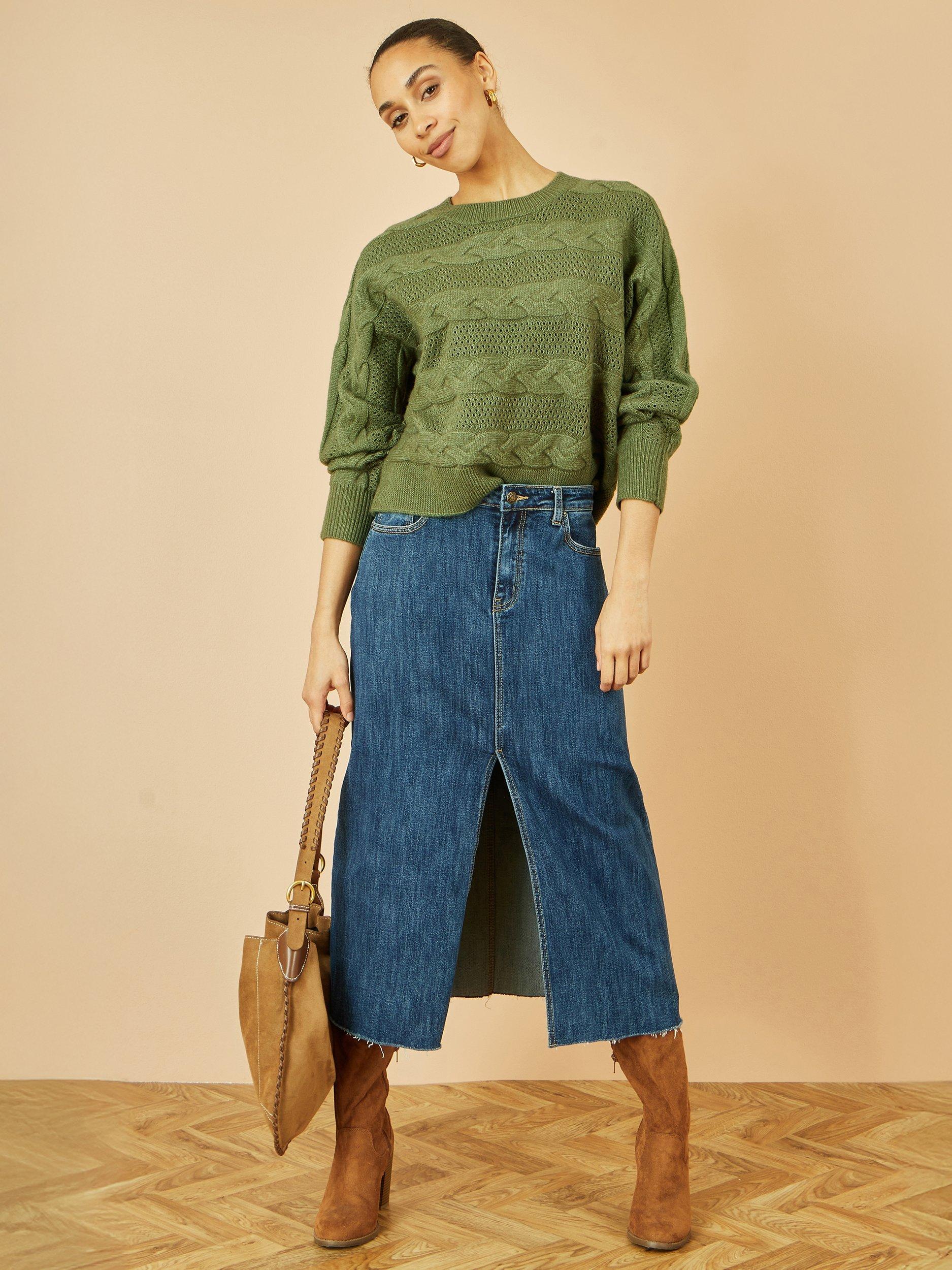 Product image 4 of 5, which shows Yumi Relaxed Fit Cable Knit Jumper, Green, S