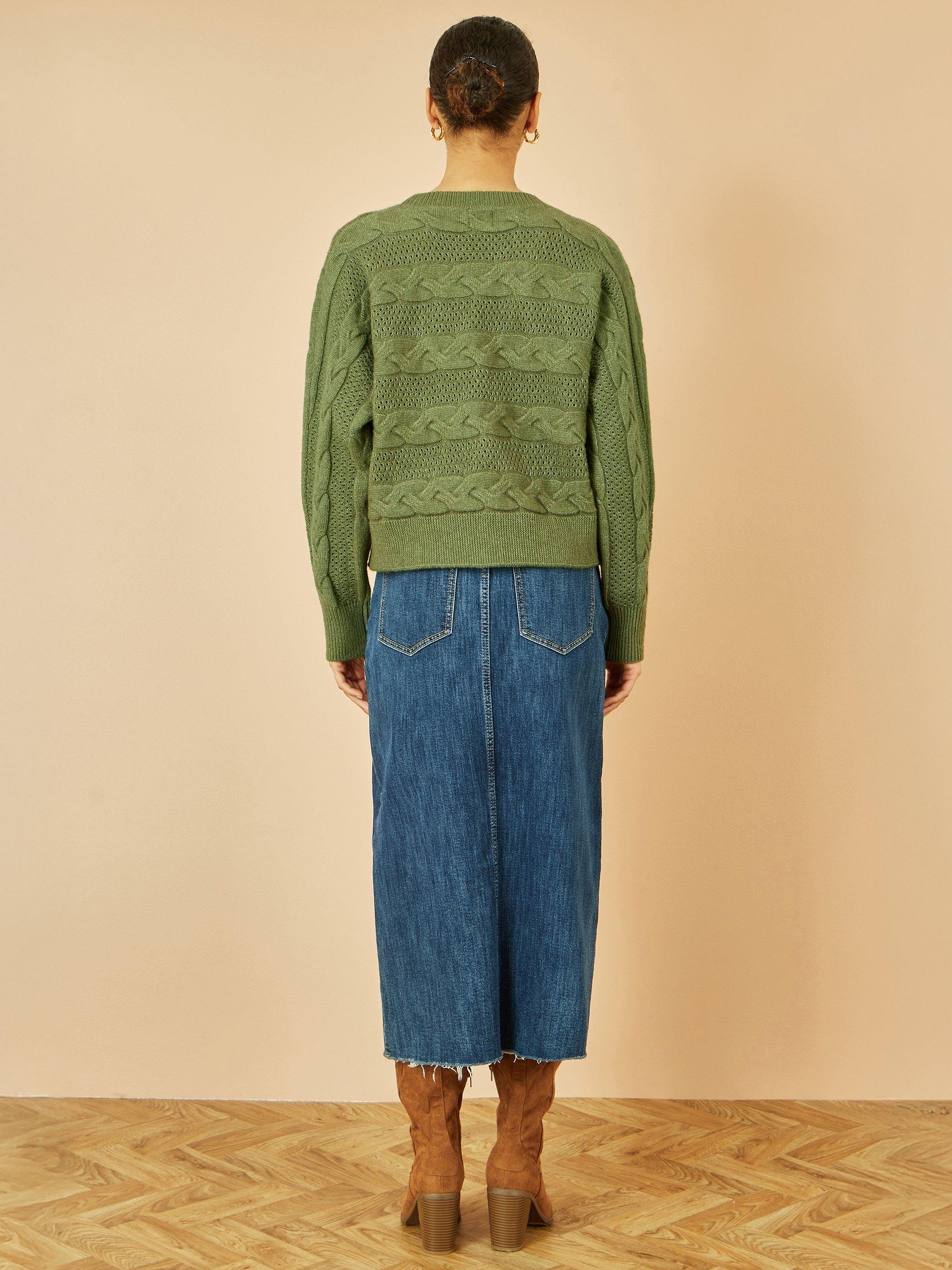 Product image 5 of 5, which shows Yumi Relaxed Fit Cable Knit Jumper, Green, S