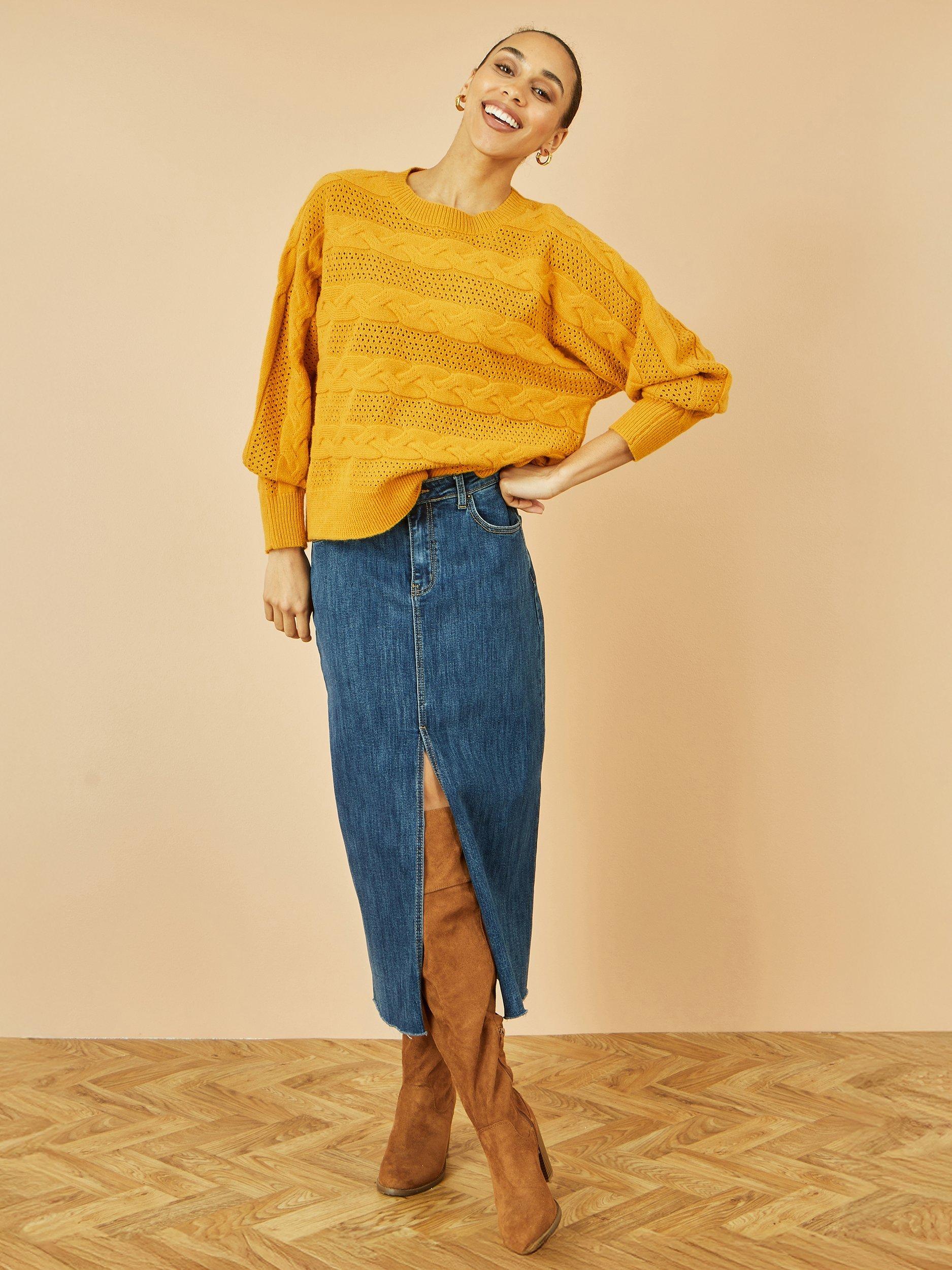 Product image 2 of 4, which shows Yumi Relaxed Fit Cable Knit Jumper, Mustard, S