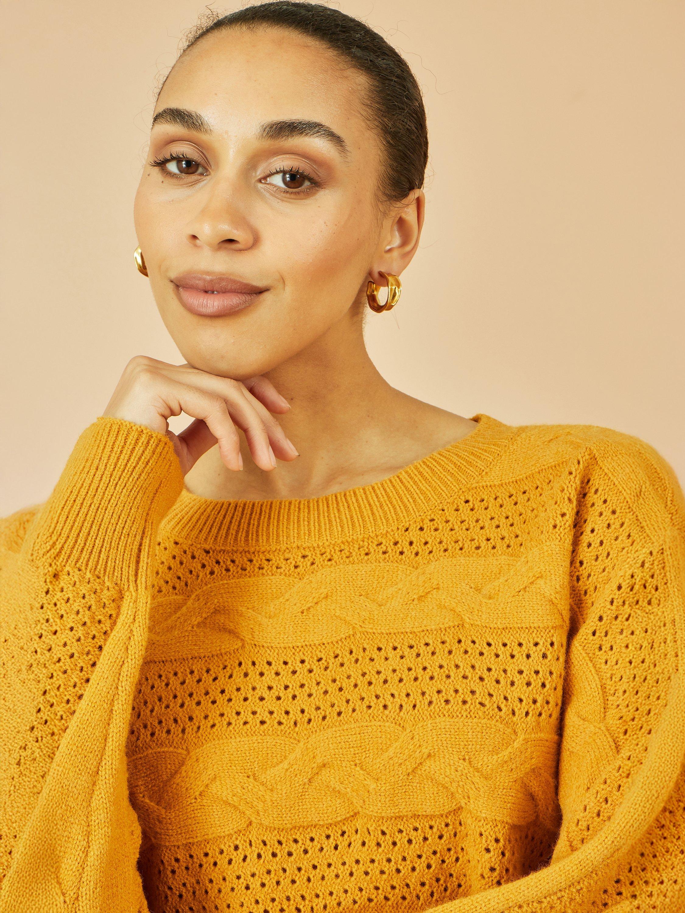 Product image 3 of 4, which shows Yumi Relaxed Fit Cable Knit Jumper, Mustard, S