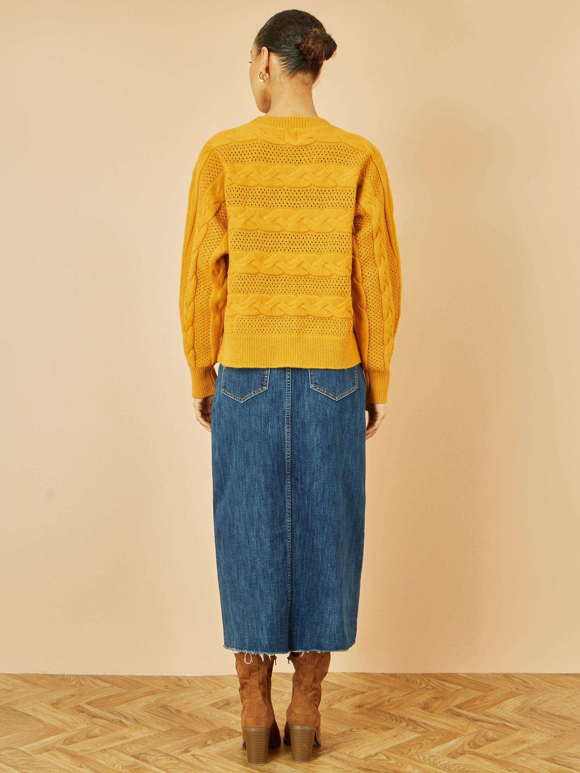 Product image 4 of 4, which shows Yumi Relaxed Fit Cable Knit Jumper, Mustard, S
